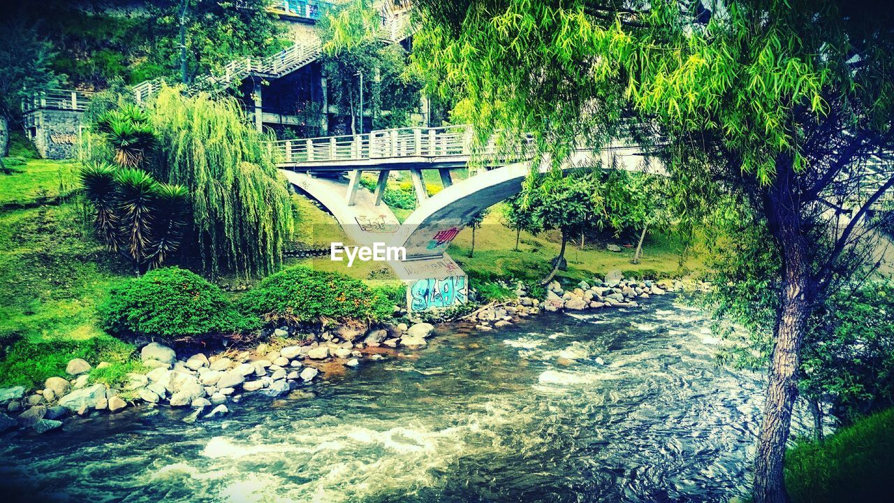 Arch footbridge over river at park