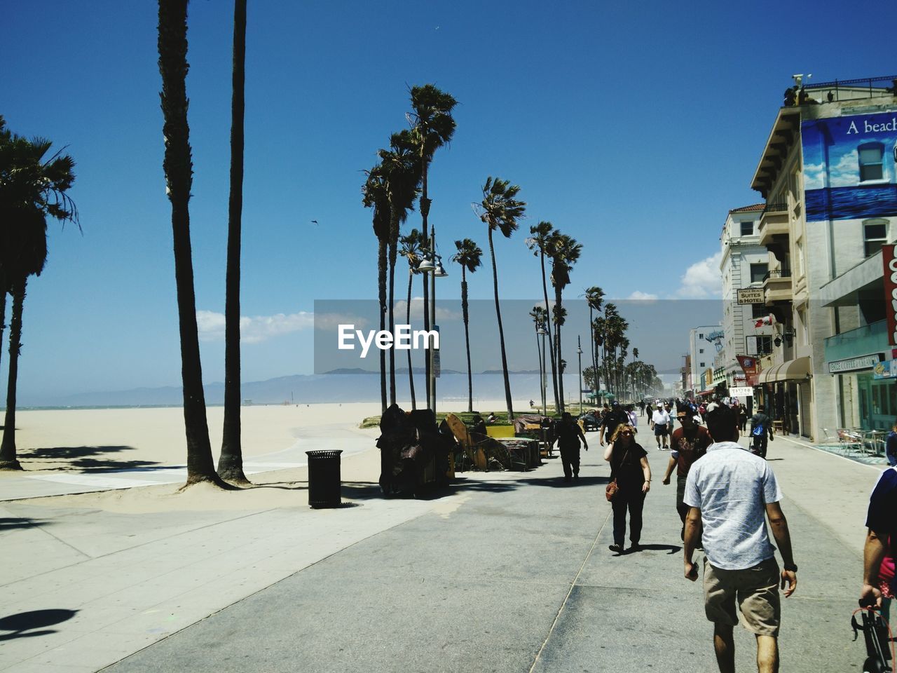 People walking on palm trees in city against sky