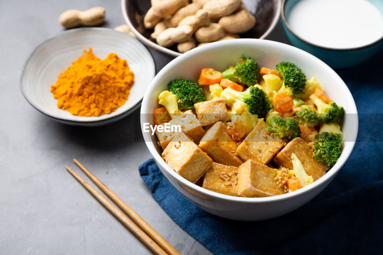 High angle view of food in bowls on table