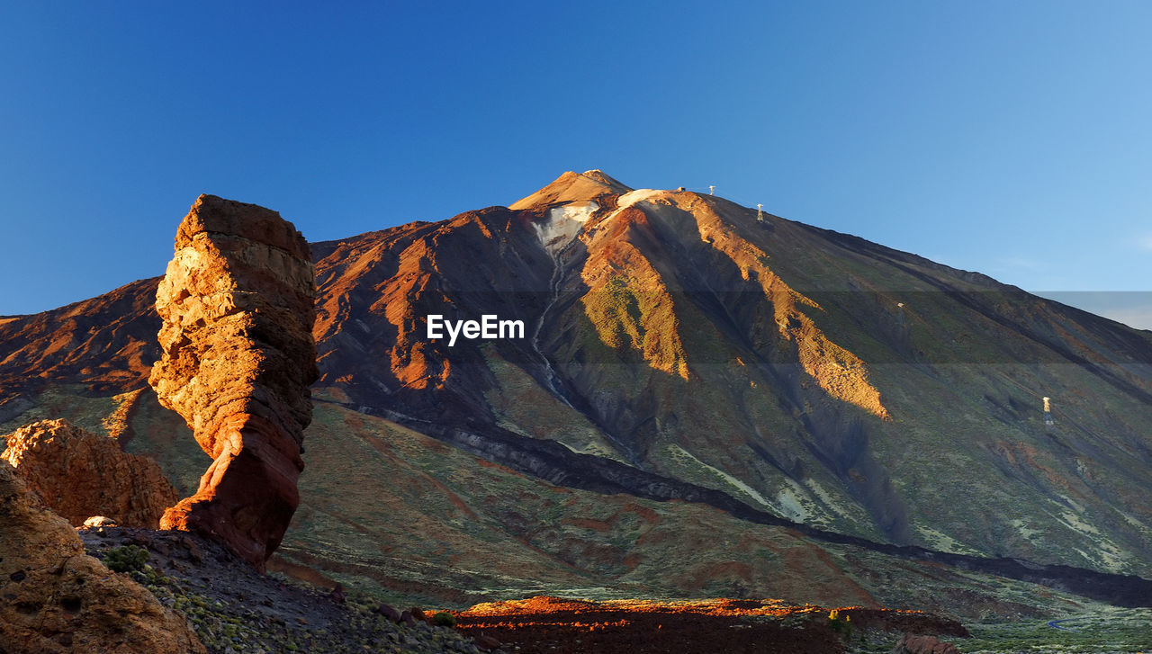 Rock formations at el teide national park against clear blue sky