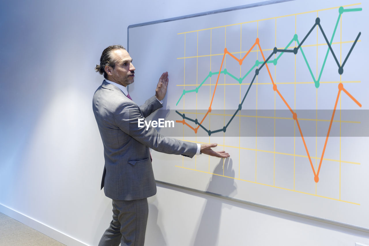 Businessman explaining graph on whiteboard in conference room