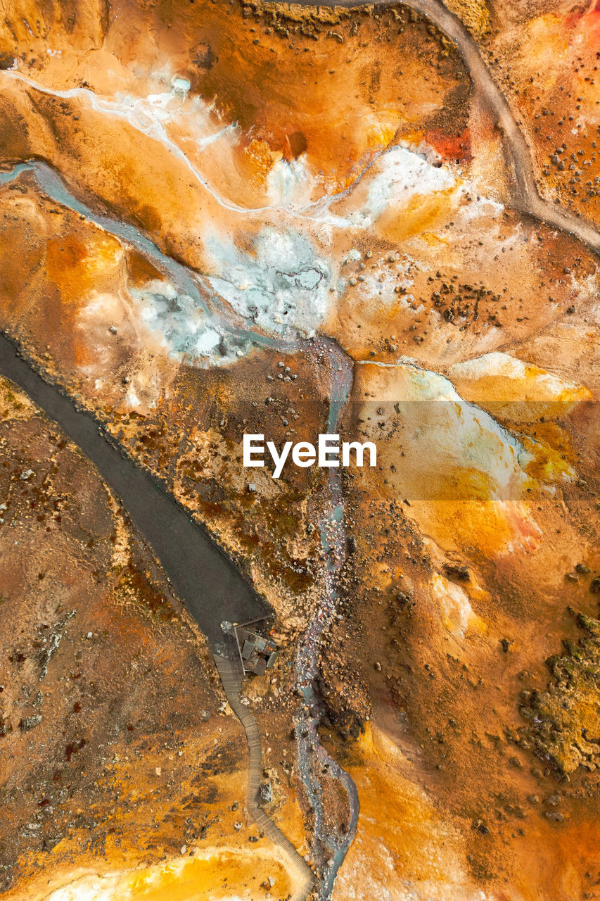Aerial view of a multicolored geothermal park in iceland