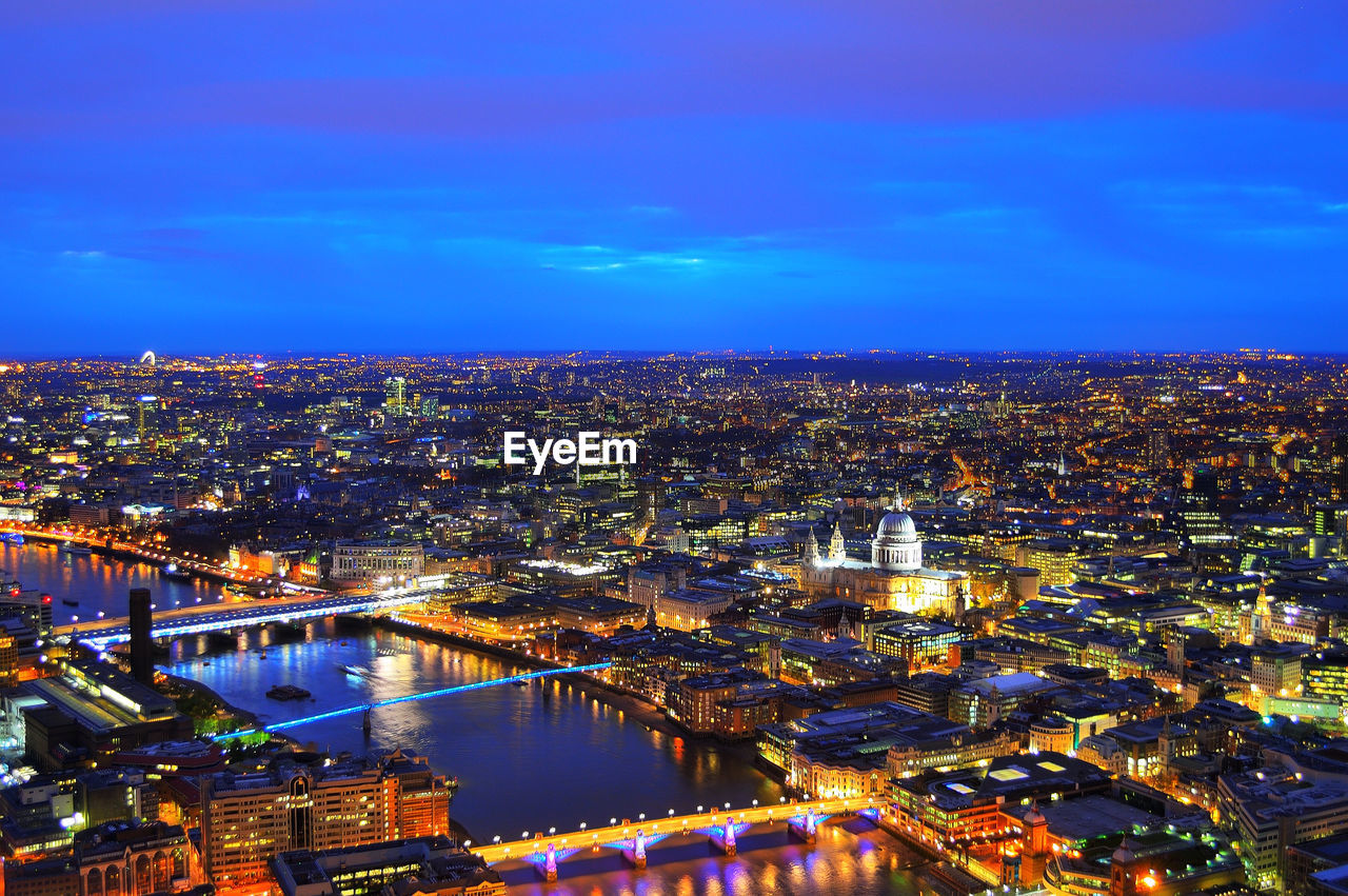 High angle view of city at night