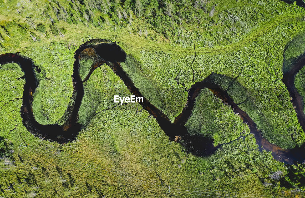 Above view of meandering river in finnish lapland