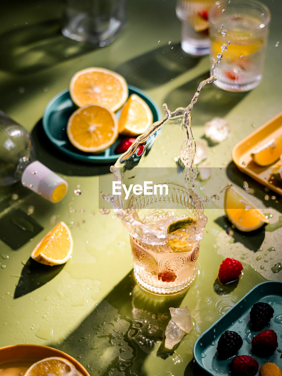 High angle view of infused water in transparant glass