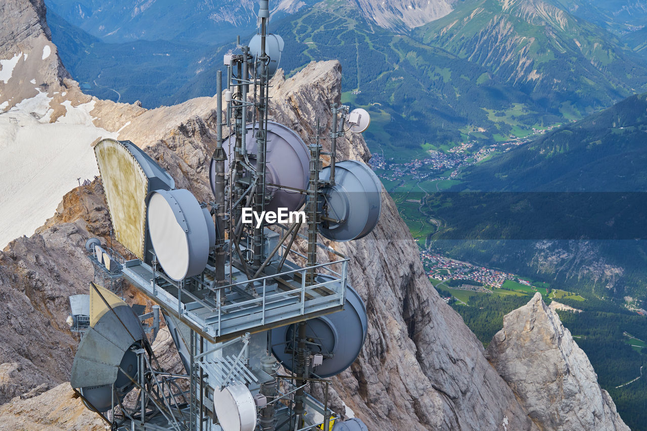 Radio station and receiving station on a mast on the zugspitze in the alps