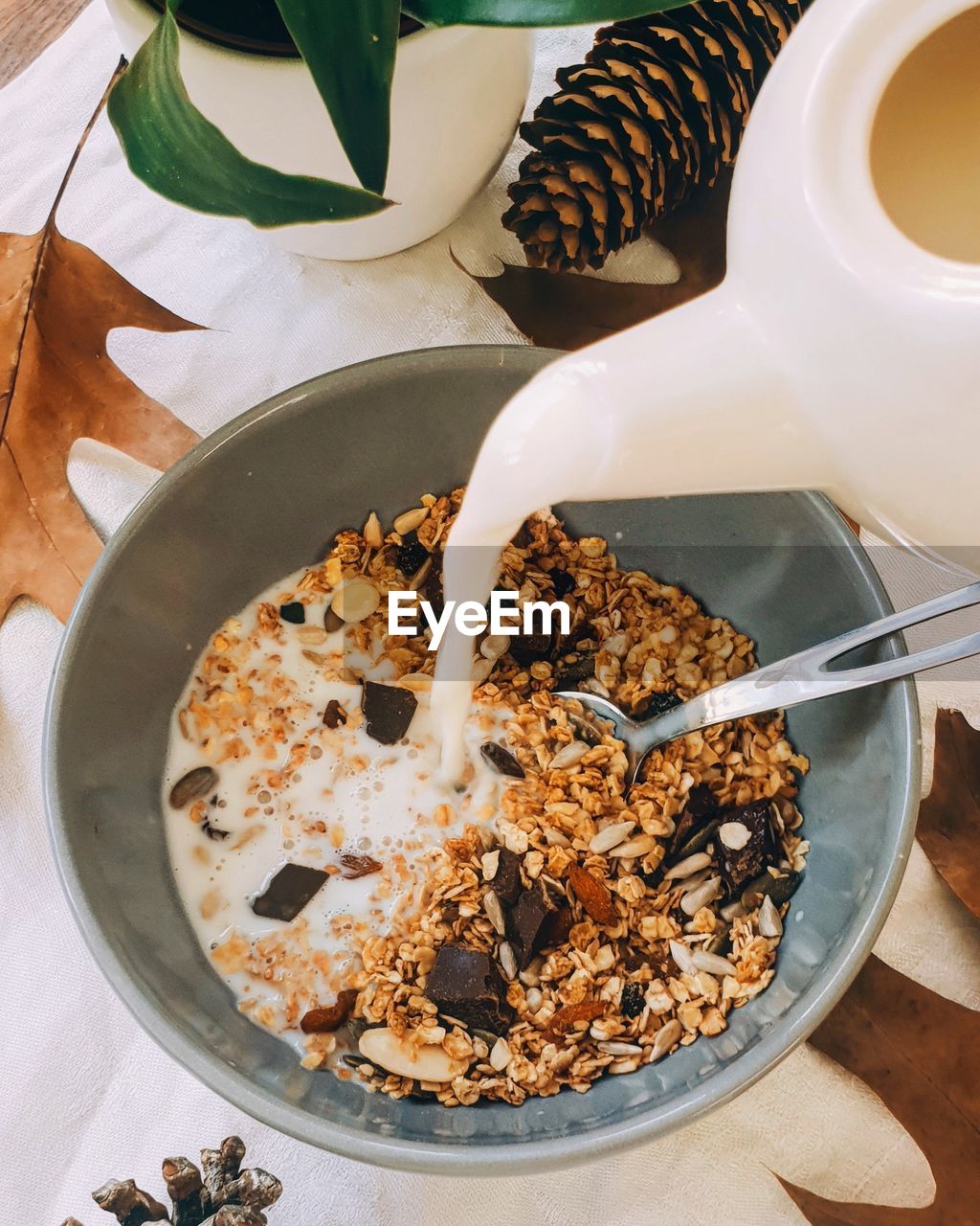 High angle view of breakfast served on table