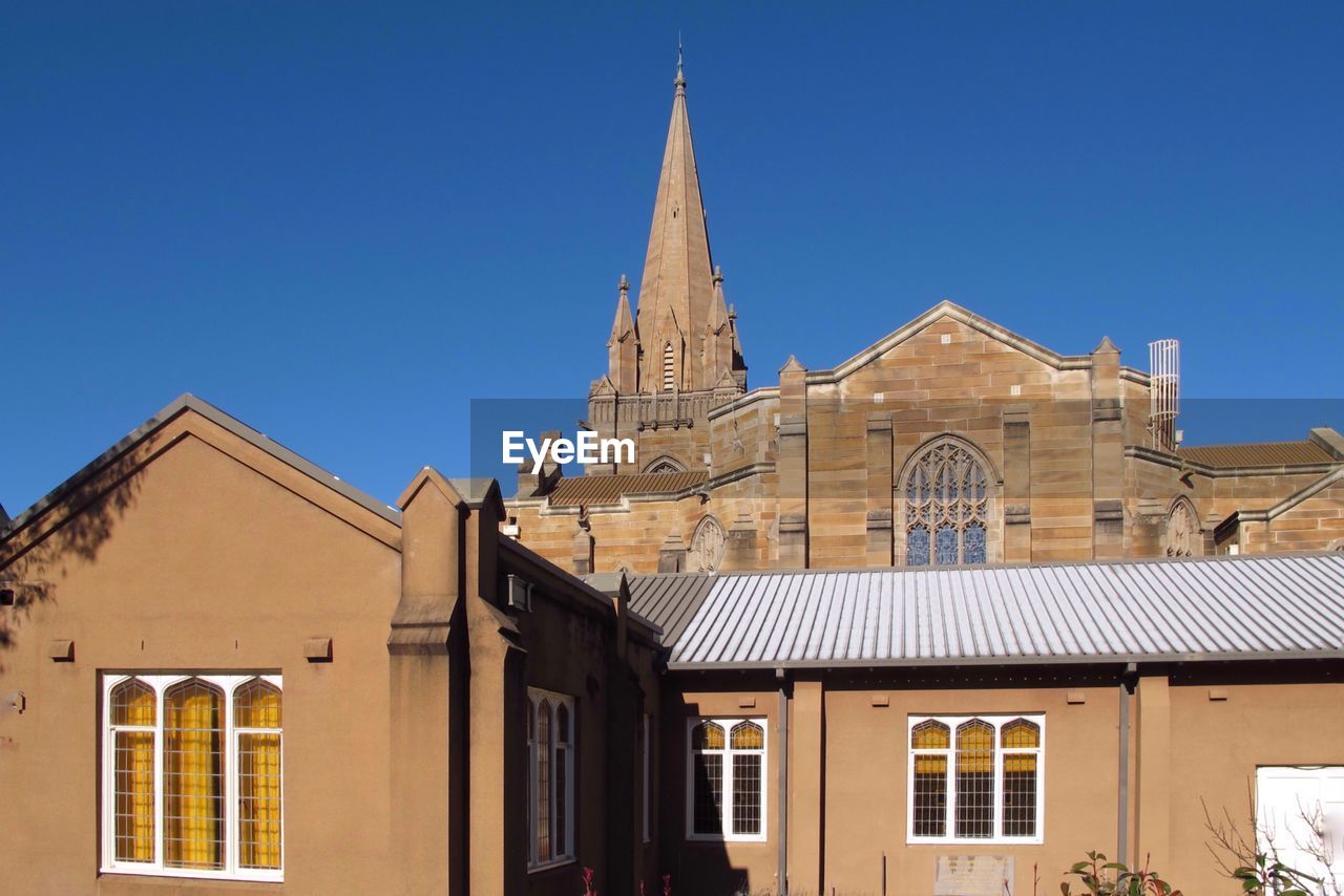 Presbyterian church against clear blue sky
