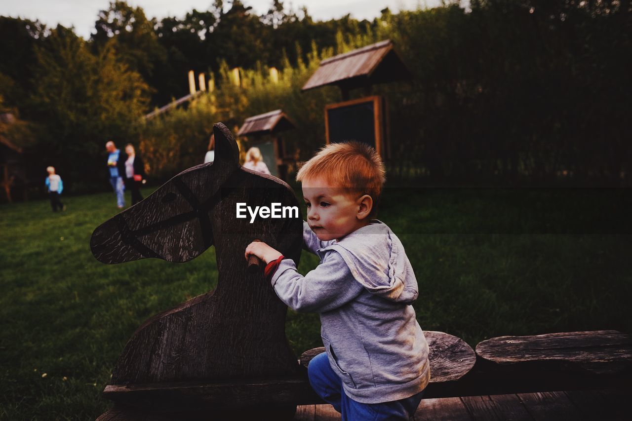 Thoughtful boy holding wooden horse at park