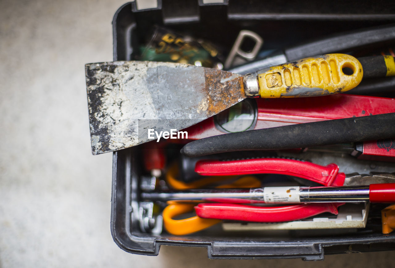 High angle view of toolbox