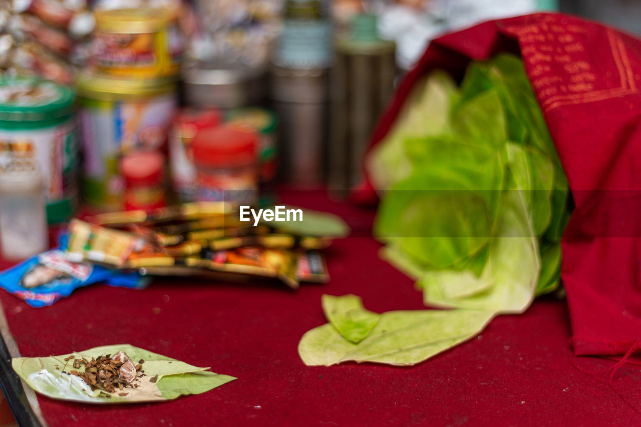 Close-up of paan on table at shop