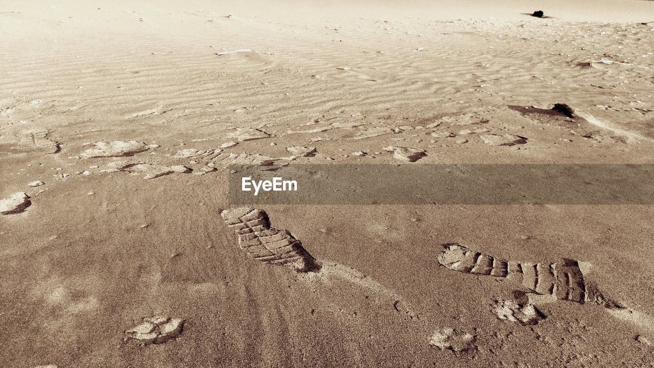 HIGH ANGLE VIEW OF FOOTPRINT ON BEACH