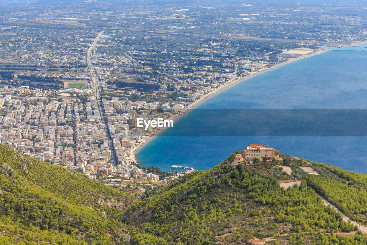 Distant view on loutraki town from above, greece