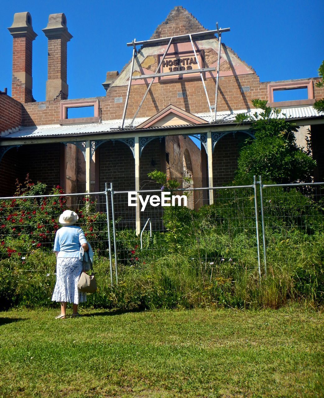 REAR VIEW OF WOMAN STANDING IN LAWN