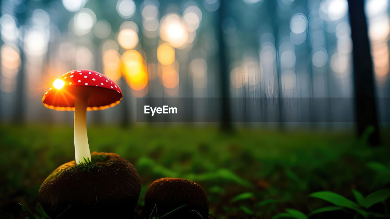 plant, mushroom, sunlight, nature, land, forest, tree, fungus, growth, vegetable, flower, beauty in nature, food, light, autumn, green, focus on foreground, yellow, no people, outdoors, grass, environment, freshness, illuminated, red, woodland, macro photography, sky, leaf, close-up, tranquility, landscape