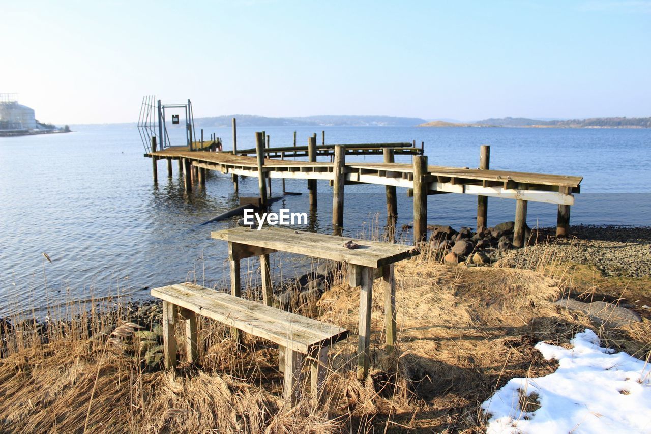 Pier on lake against clear sky