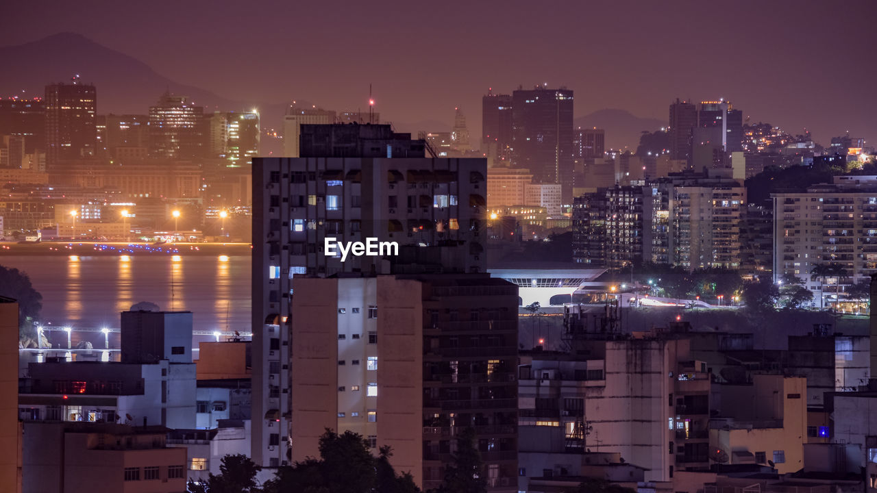 Long exposure urban night photography with buildings and lights in rio de janeiro, brazil