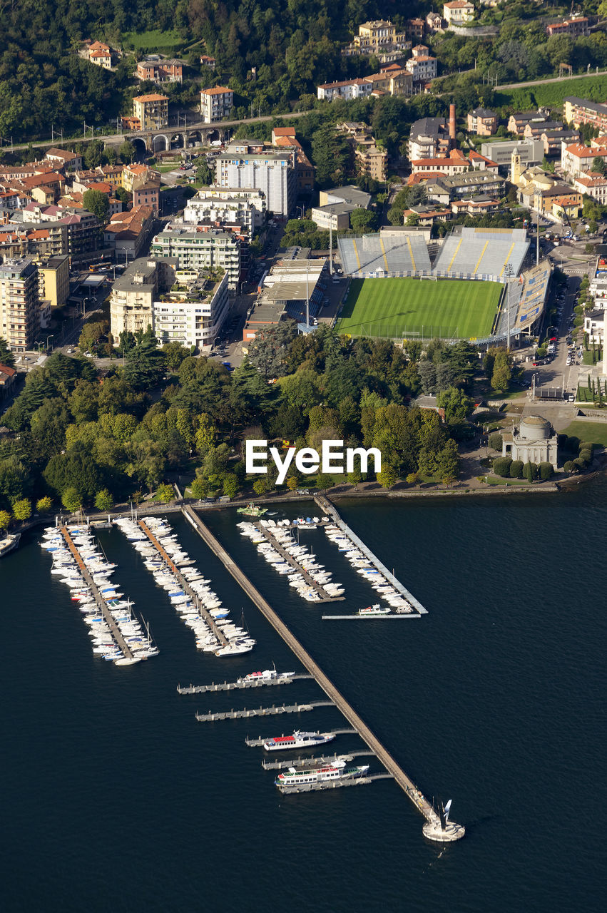 High angle view of sea against built structures