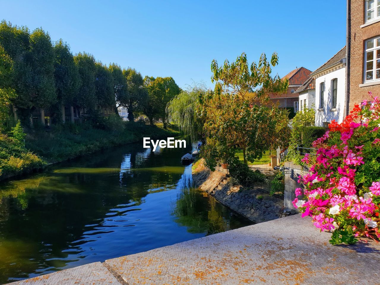 SCENIC VIEW OF LAKE AMIDST TREES AND BUILDINGS