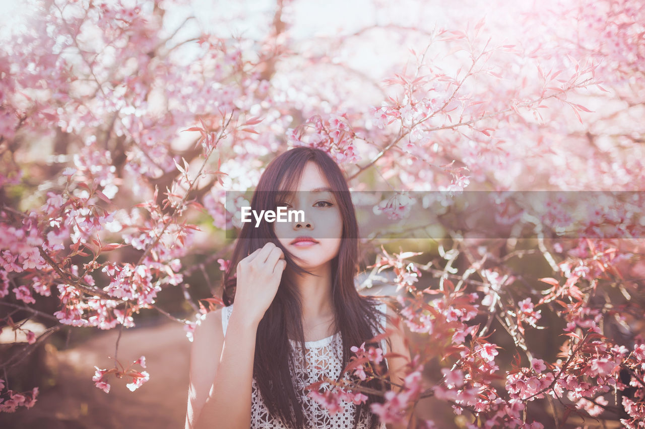 Young woman standing in front of cherry blossoms in park