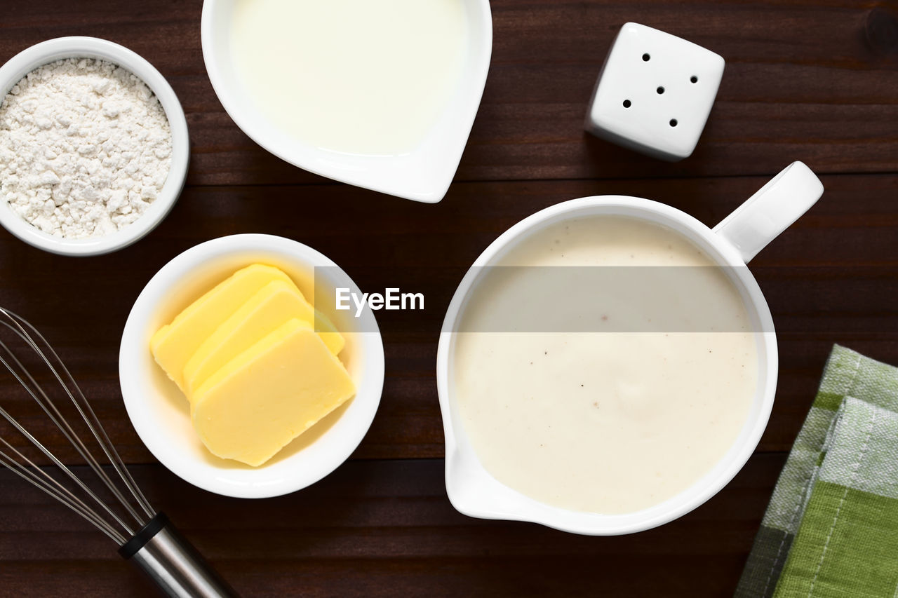 HIGH ANGLE VIEW OF BREAKFAST AND COFFEE ON TABLE