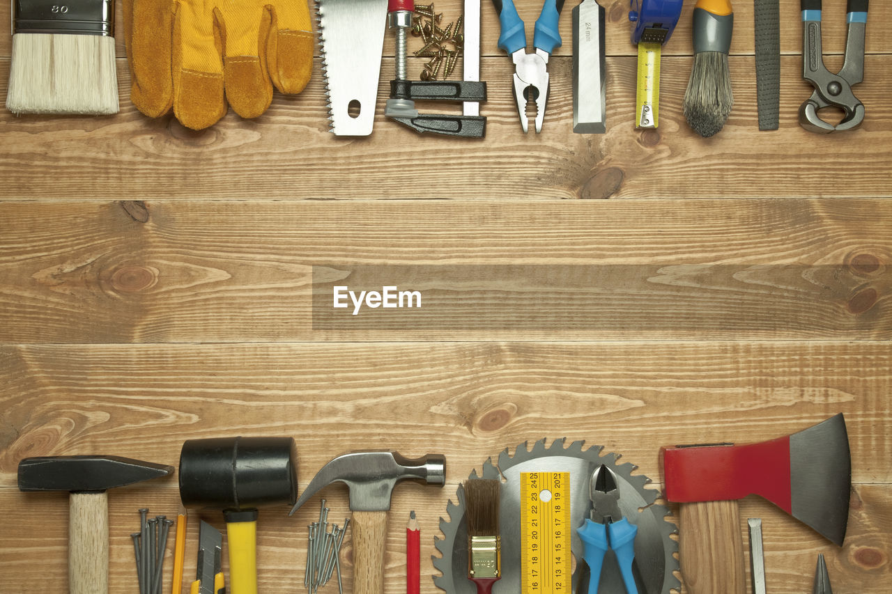 High angle view of work tools on table