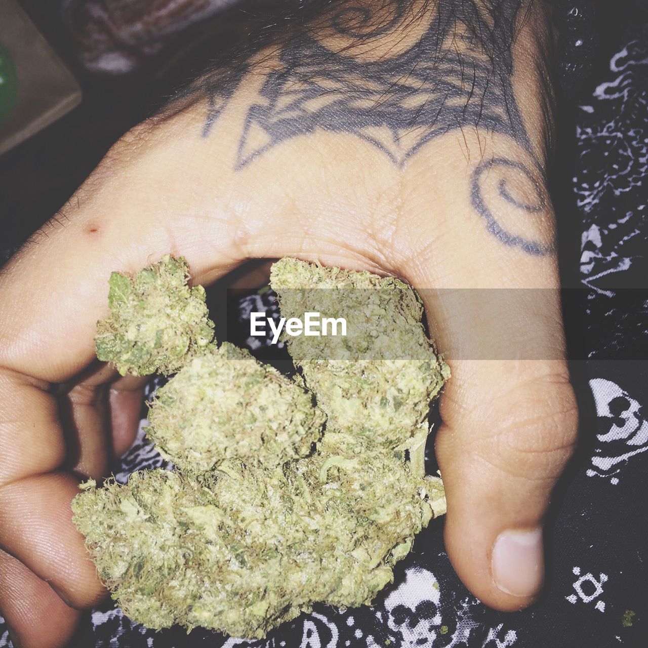 Cropped image of tattooed hand holding marijuana at home