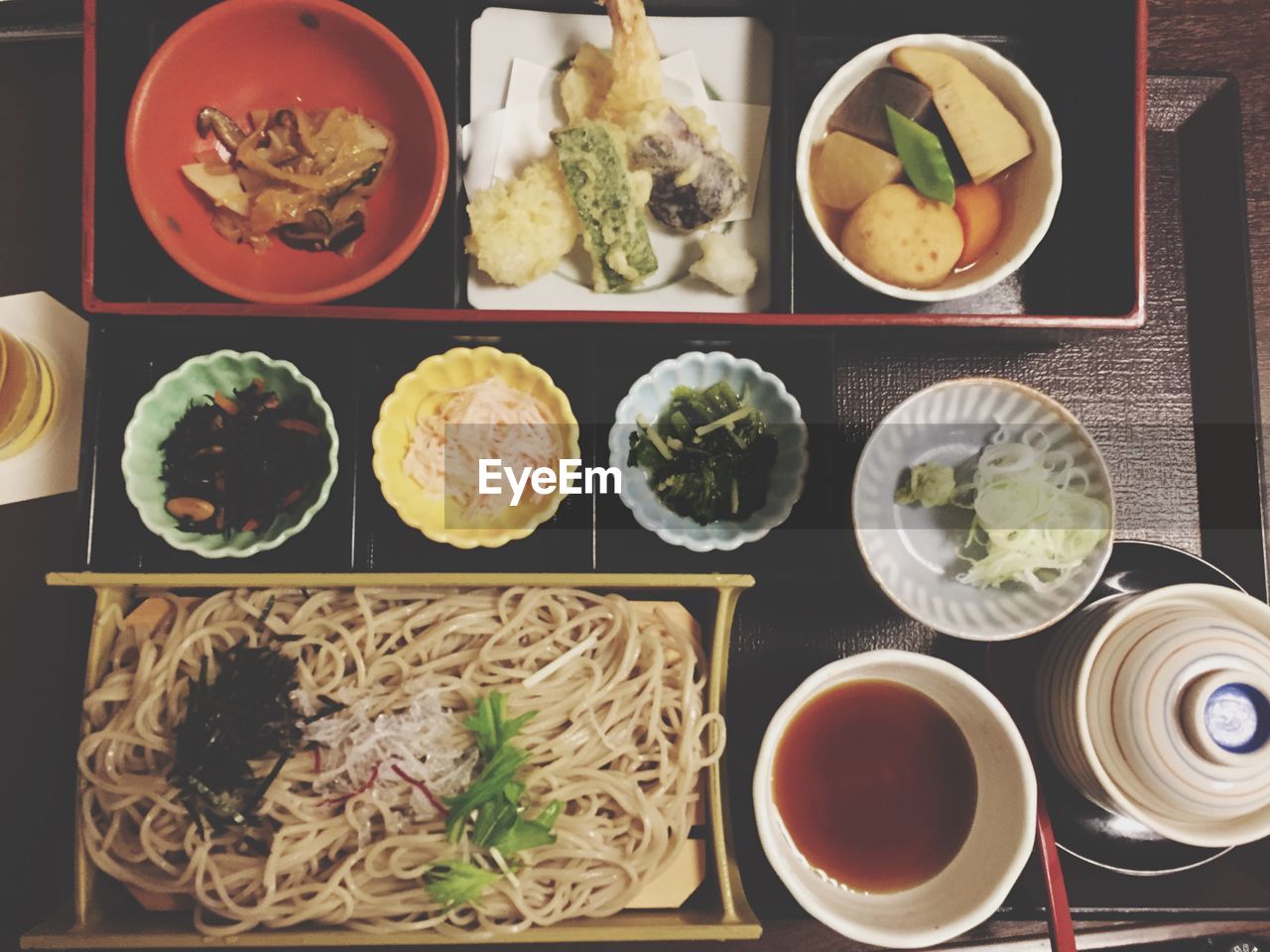 High angle view of japanese food served