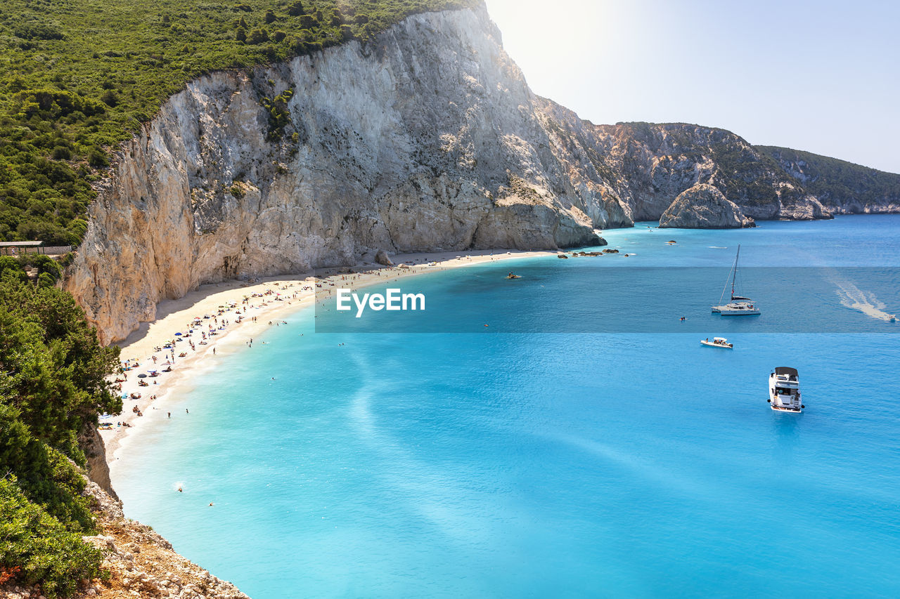 scenic view of sea against clear blue sky