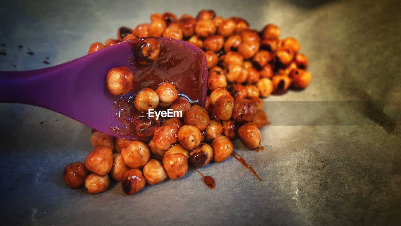 Close-up of hazelnuts in plate at home