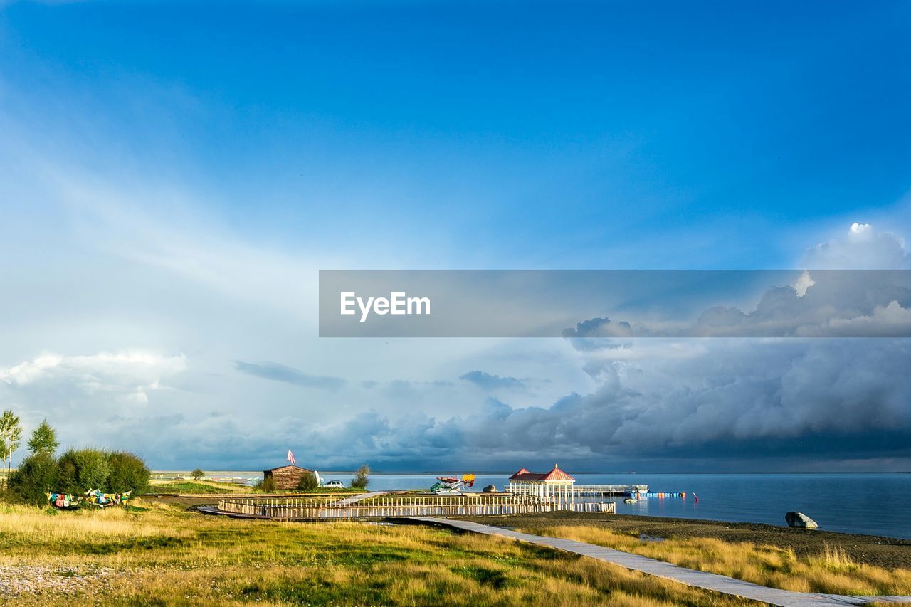 Grassy landscape and sea against blue sky