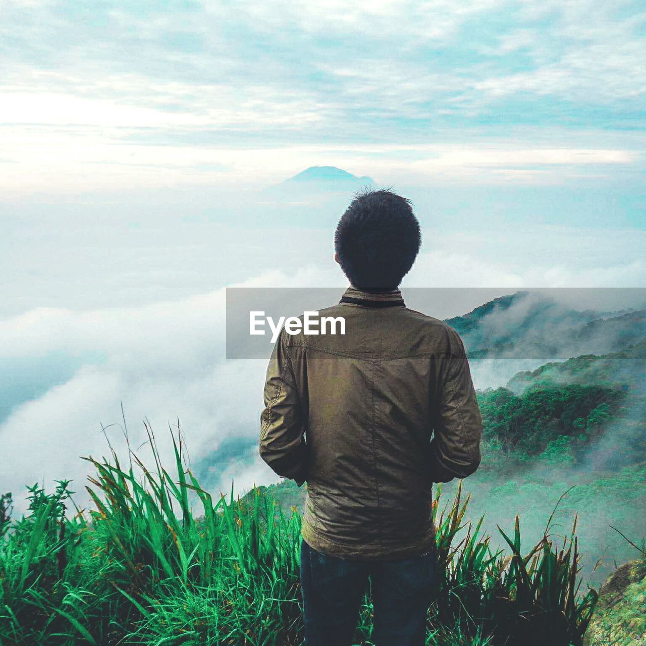 Rear view of man standing on mountain during foggy weather