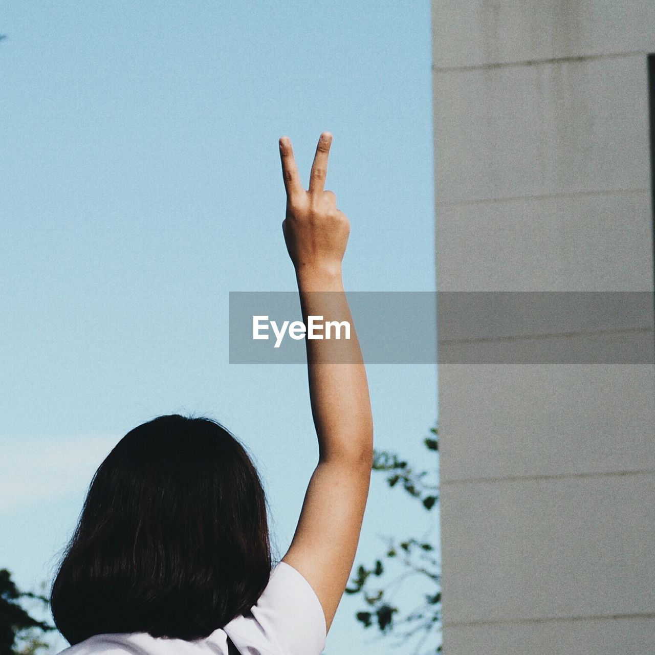 Rear view of young woman gesturing peace sign against sky