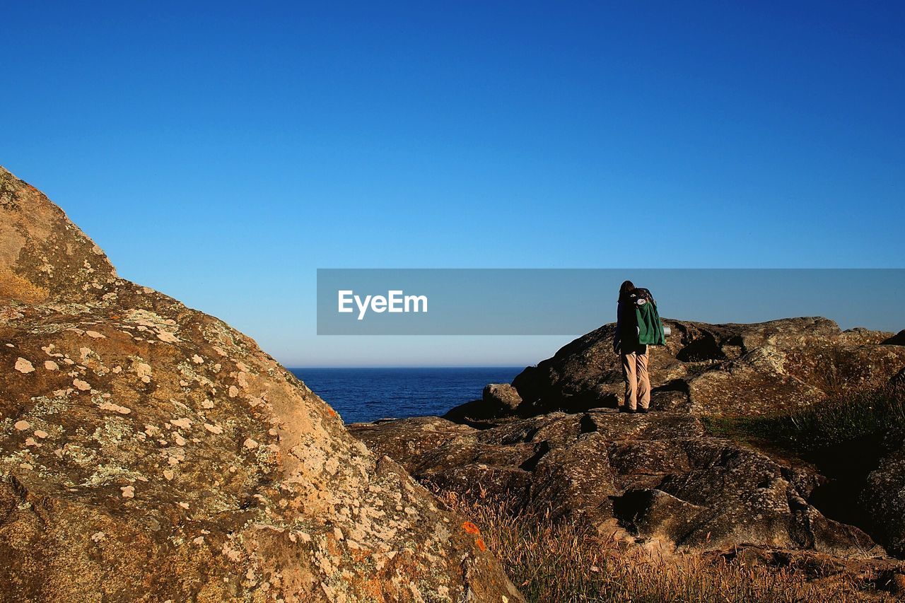 Full length rear view of hiker standing on rocky shore against clear blue sky