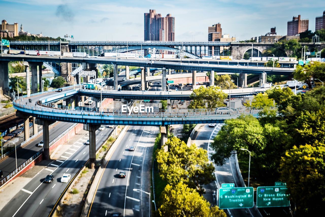 HIGH ANGLE VIEW OF BRIDGE OVER CITY