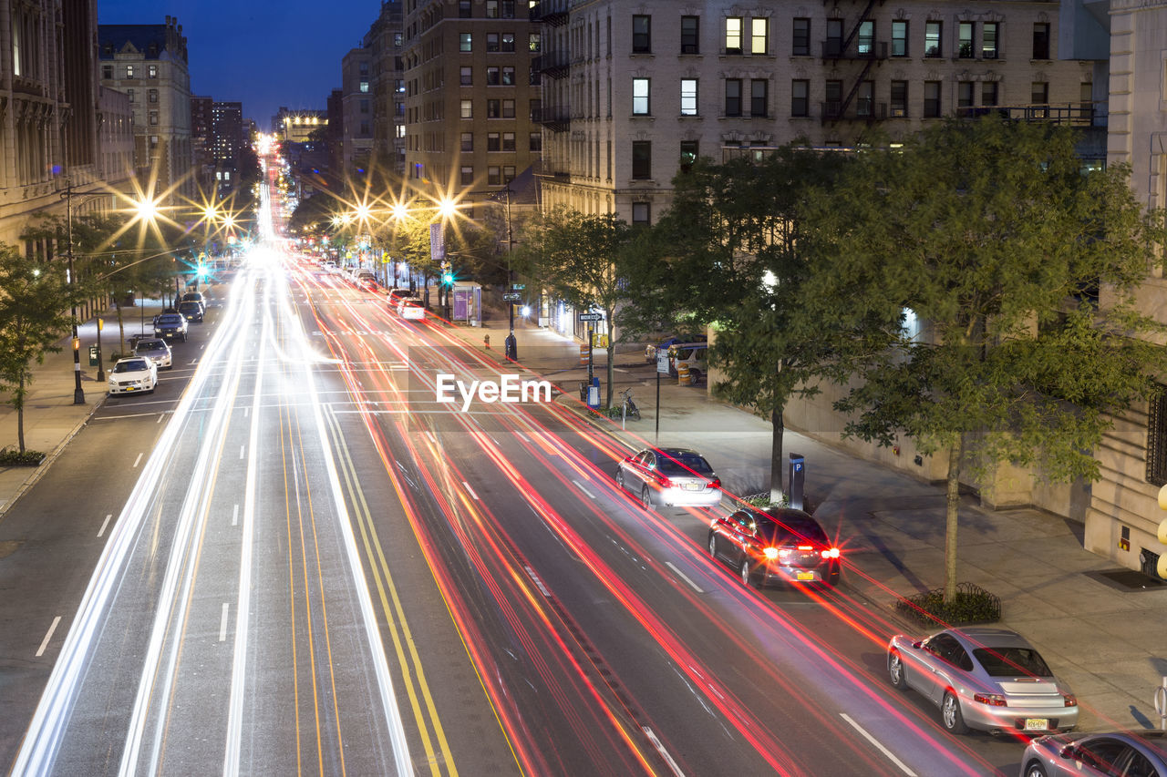 HIGH ANGLE VIEW OF LIGHT TRAILS ON ROAD