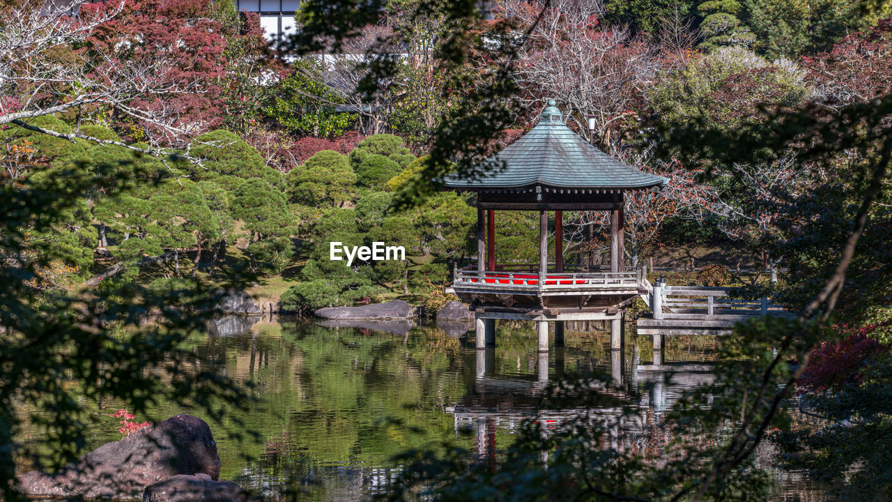 Full frame panoramic view of zen garden with reflecting water and a pagoda style gazebo