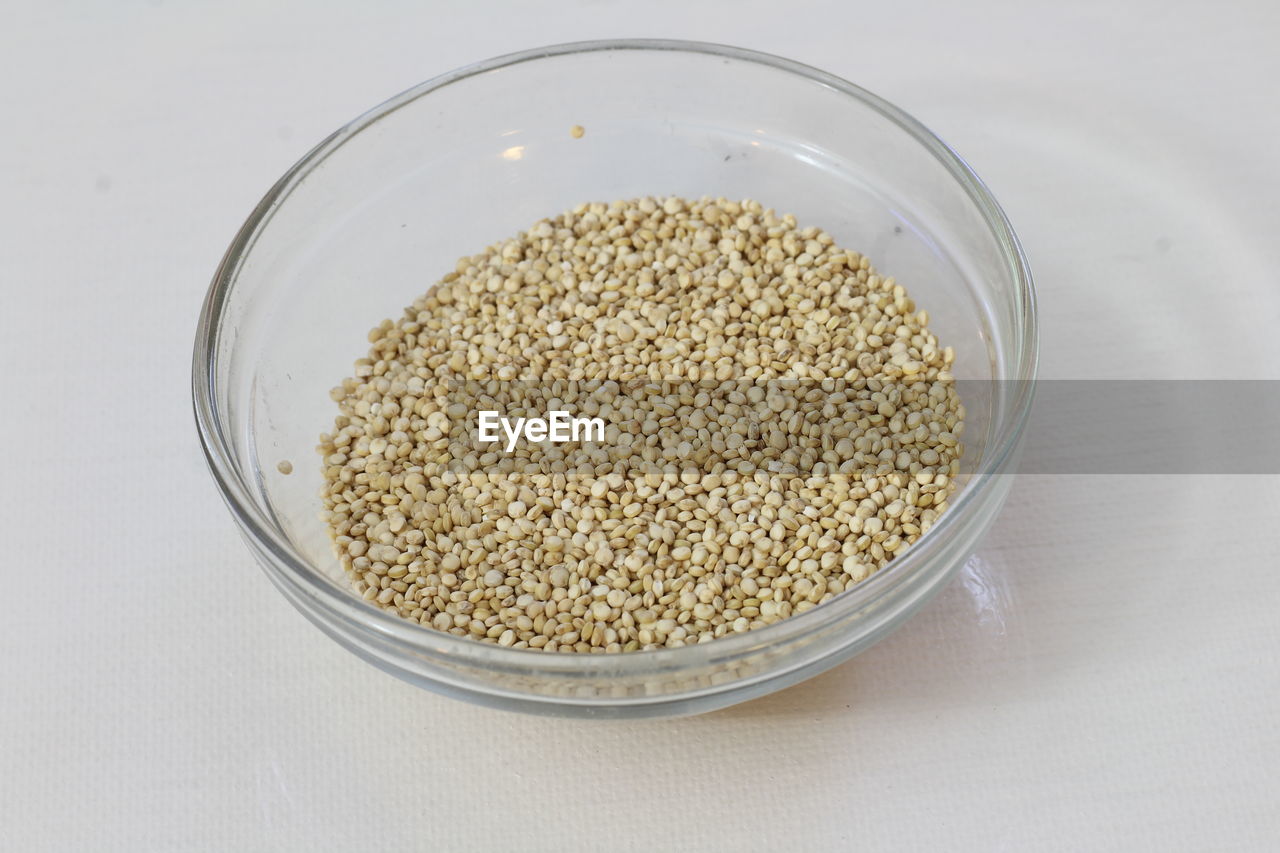 CLOSE-UP OF BREAD IN BOWL ON WHITE SURFACE