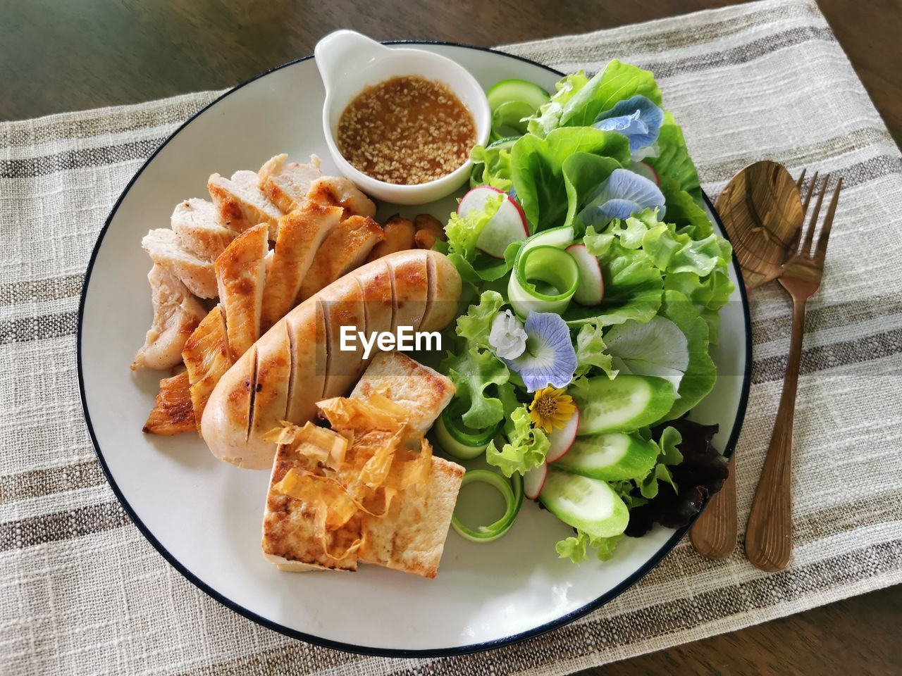 high angle view of food served on table
