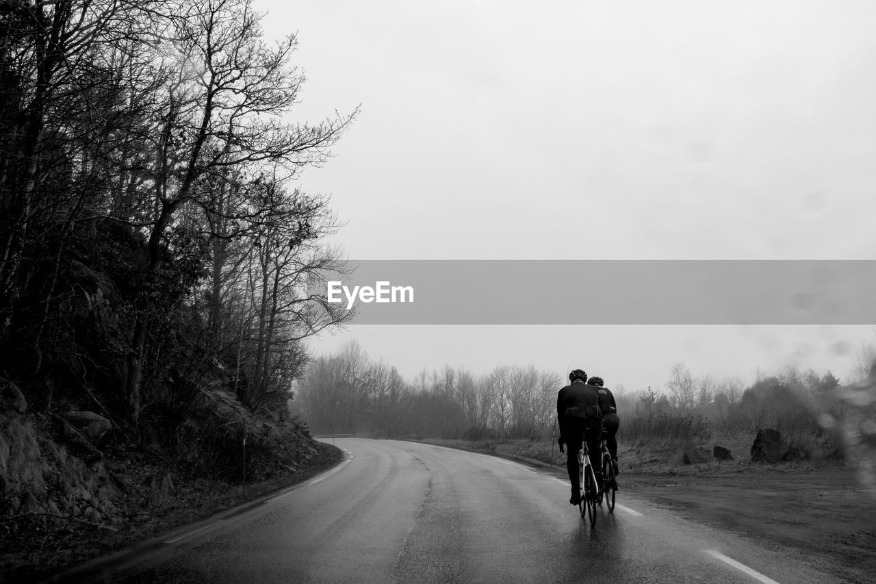 Rear view of people riding bicycles on road