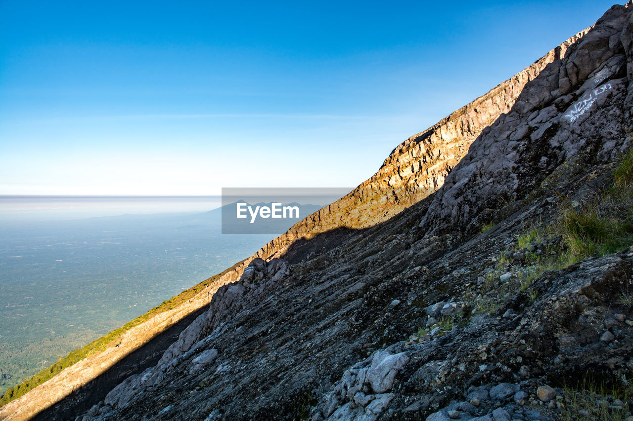 SCENIC VIEW OF SEA AND MOUNTAIN AGAINST BLUE SKY