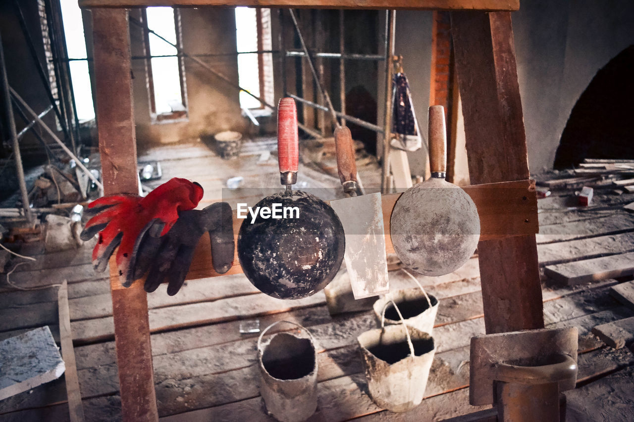 Close-up of various construction equipment