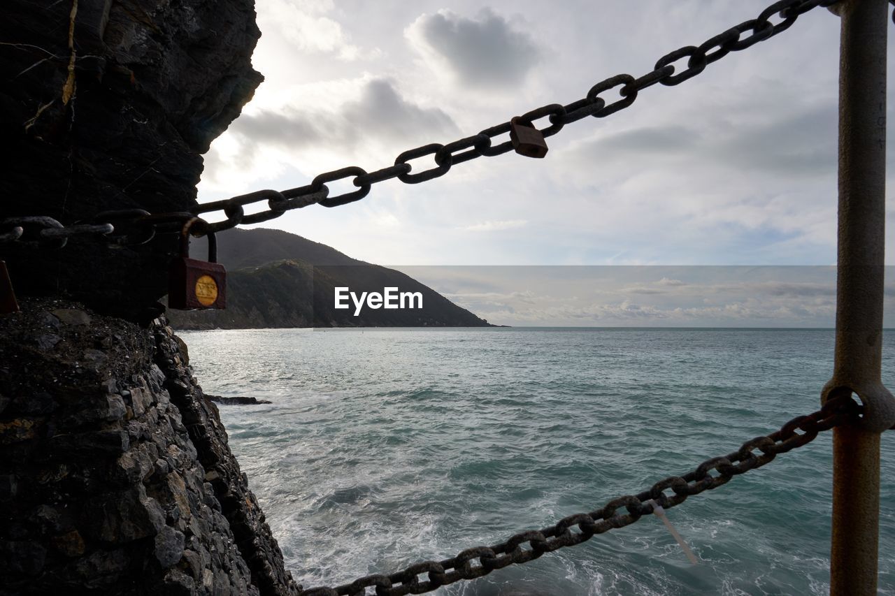 VIEW OF CHAIN ON SEA AGAINST SKY