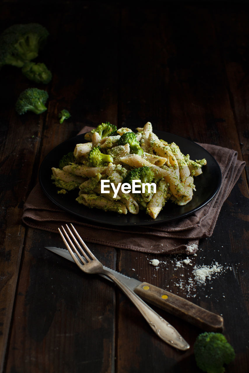 Close-up of pasta in plate on table