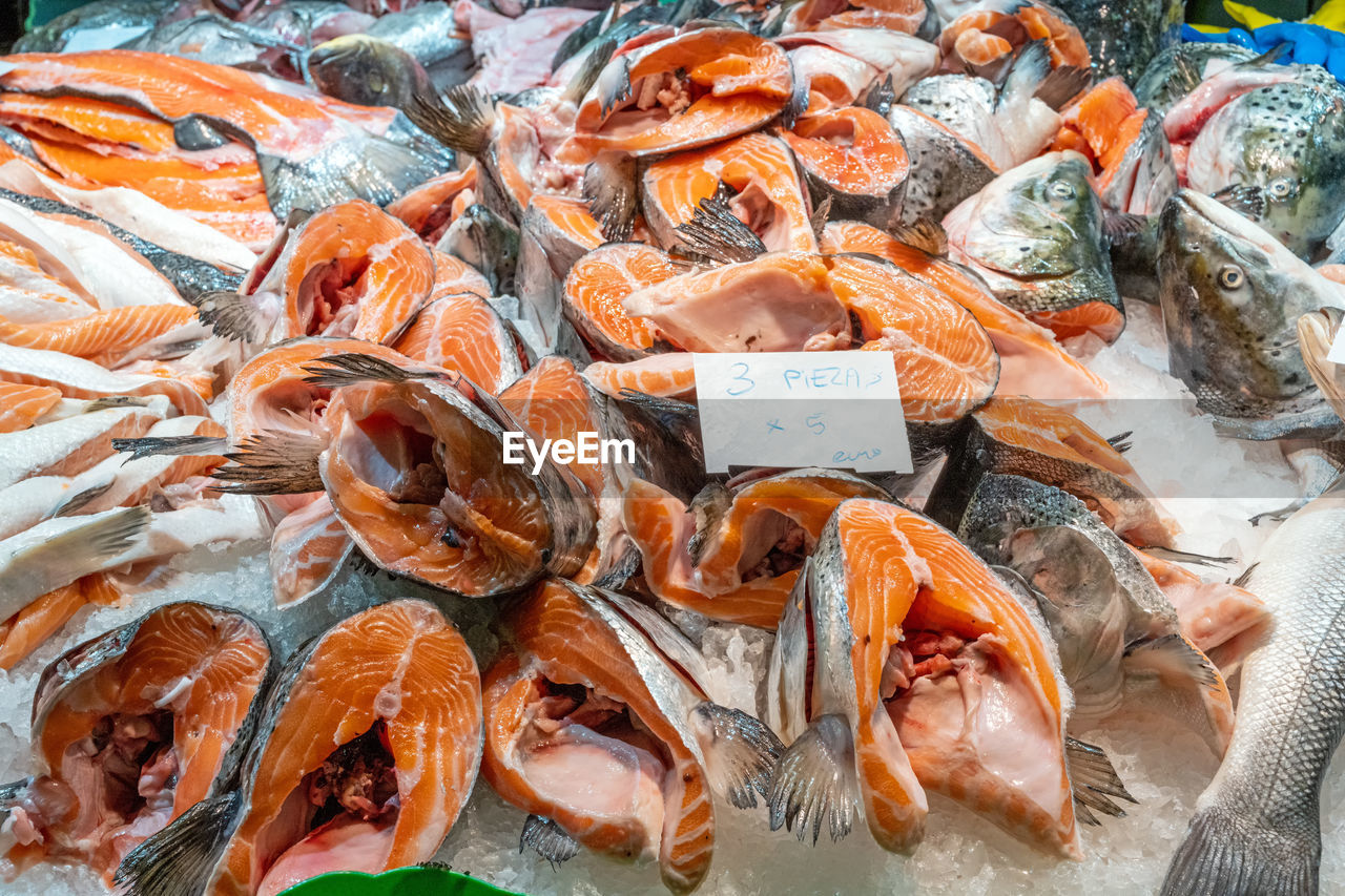 Pieces of salmon for sale at a market