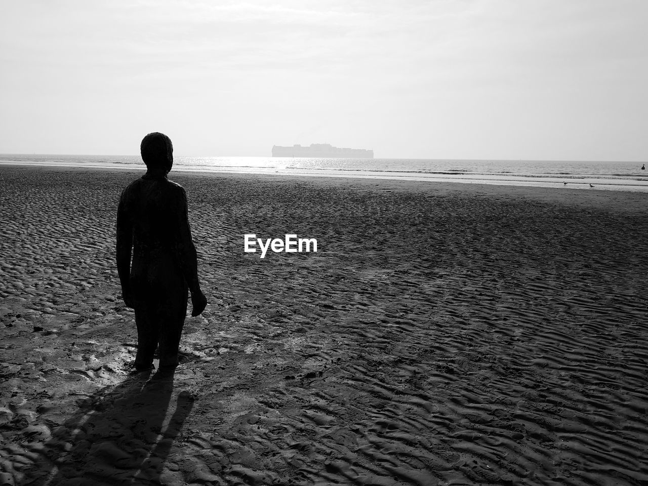 REAR VIEW OF MAN LOOKING AT SEA SHORE