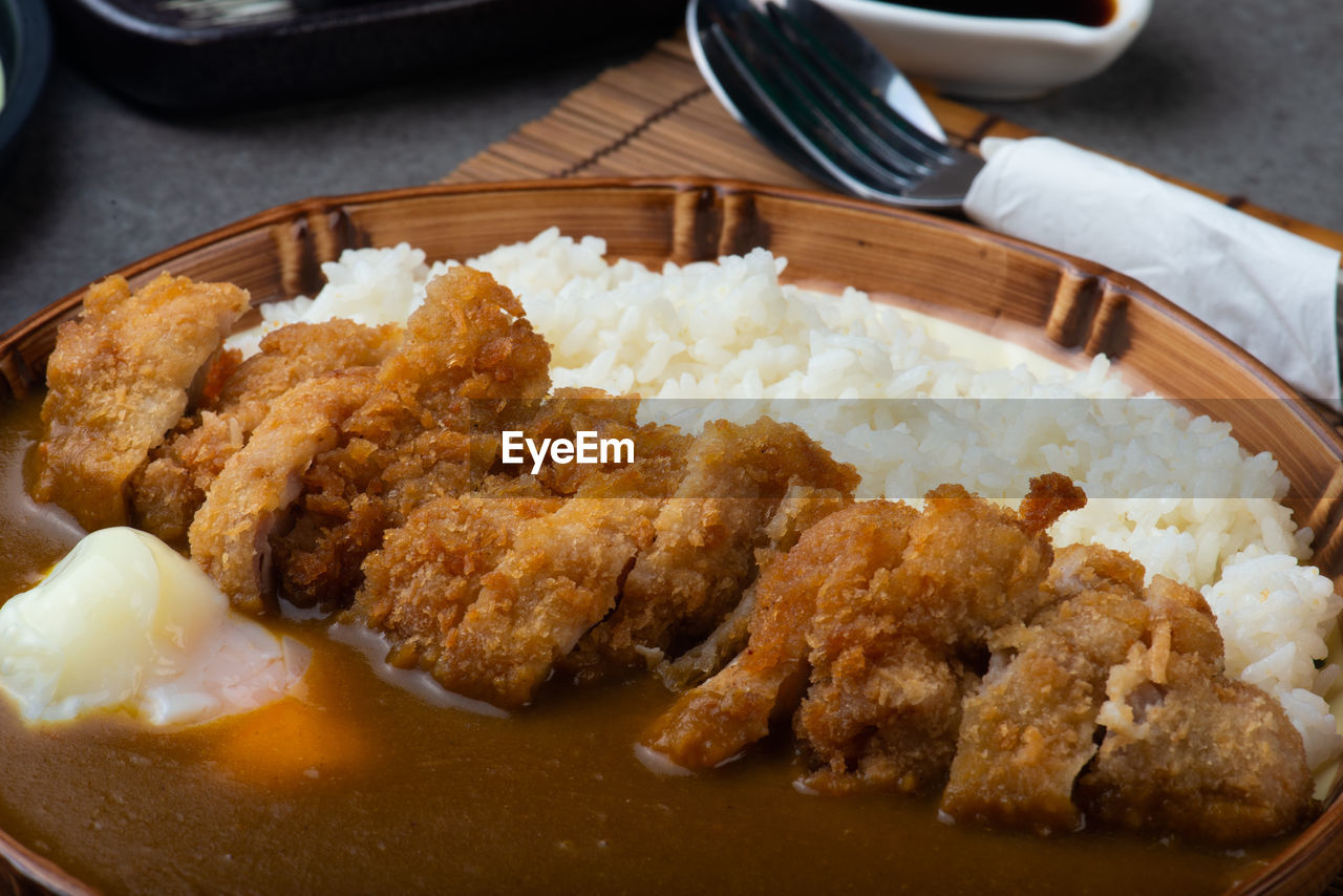 HIGH ANGLE VIEW OF FOOD SERVED IN PLATE