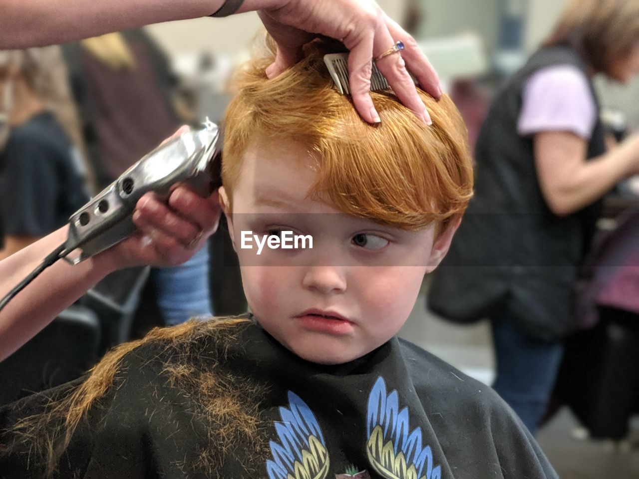 Suspicious boy receiving a haircut