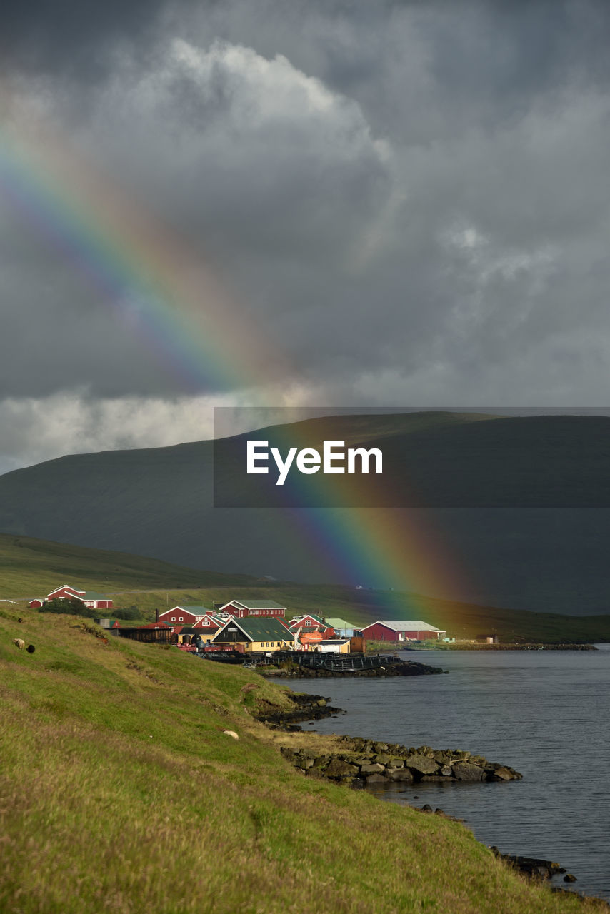 Scenic view of rainbow over land against sky