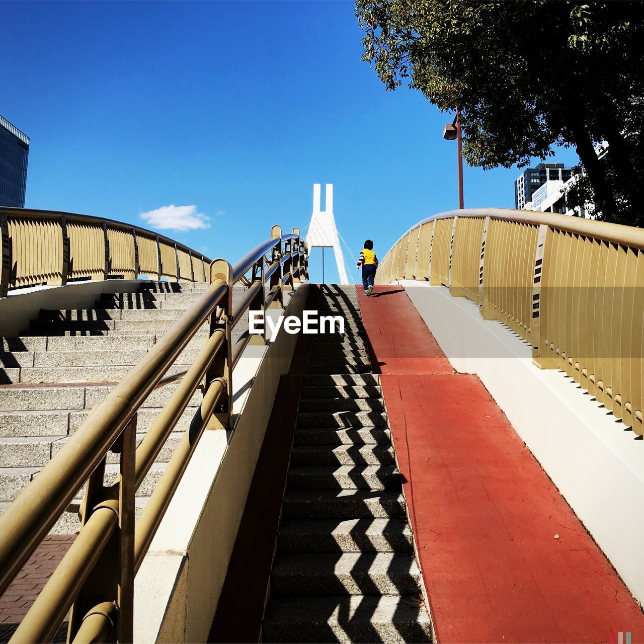 Rear view of child climbing up steps